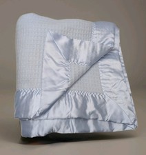 Chatham Waffle Knit Satin Trim Baby Blanket BLUE Vintage Morgan USA Made