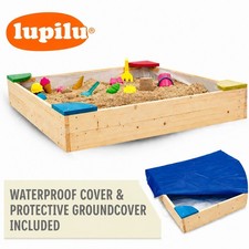 Wooden Sandpit With Seats & Waterproof Cover, Natural Timber Sand Play for Kids