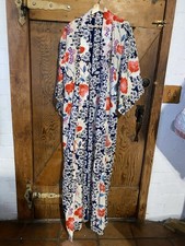 Vtg Japanese Blue and Red Blossom KIMONO Robe Summer Yukata OS Boho 70s