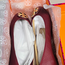 Tory Burch Women’s Burgundy Leather Ballet Flats Round Toe Slip-On Logo 11