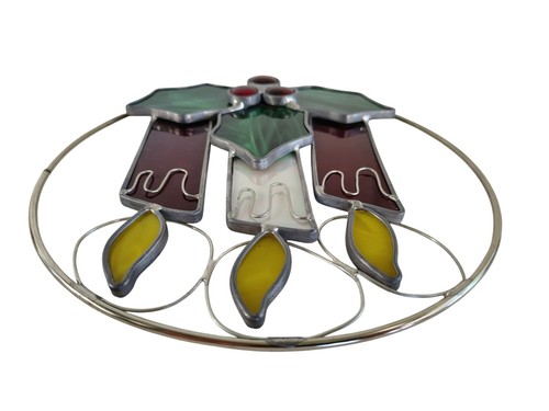 Stained Glass Leaded Christmas Wreath Hanging Holiday Sun Catcher Vintage 8.5" - Picture 4 of 7