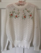 Vtg Crochet Open Knit Grandmacore Cottagecore Embroidered Sweater 3d Floral S