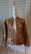 Chico's Womens Sz 1 = M Open Front Animal Print Silk Blazer Jacket Long Sleeve 