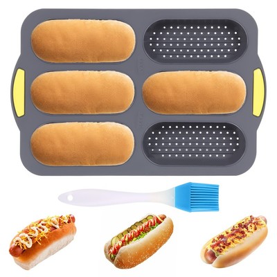 Silikonpfanne, Hot Dog Brötchenpfanne mit Ölpinsel, 6 Rinnen Antihaft French Bread6228
