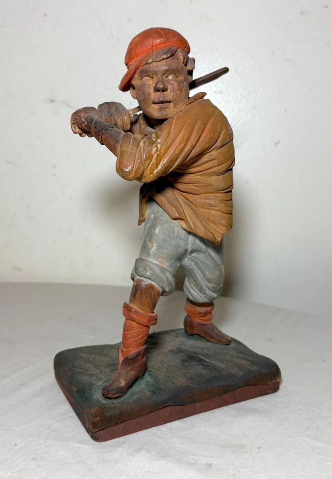 Muy rara estatua antigua de escultura de béisbol de arte popular de madera tallada a mano de 1800 Foto 2 de 4