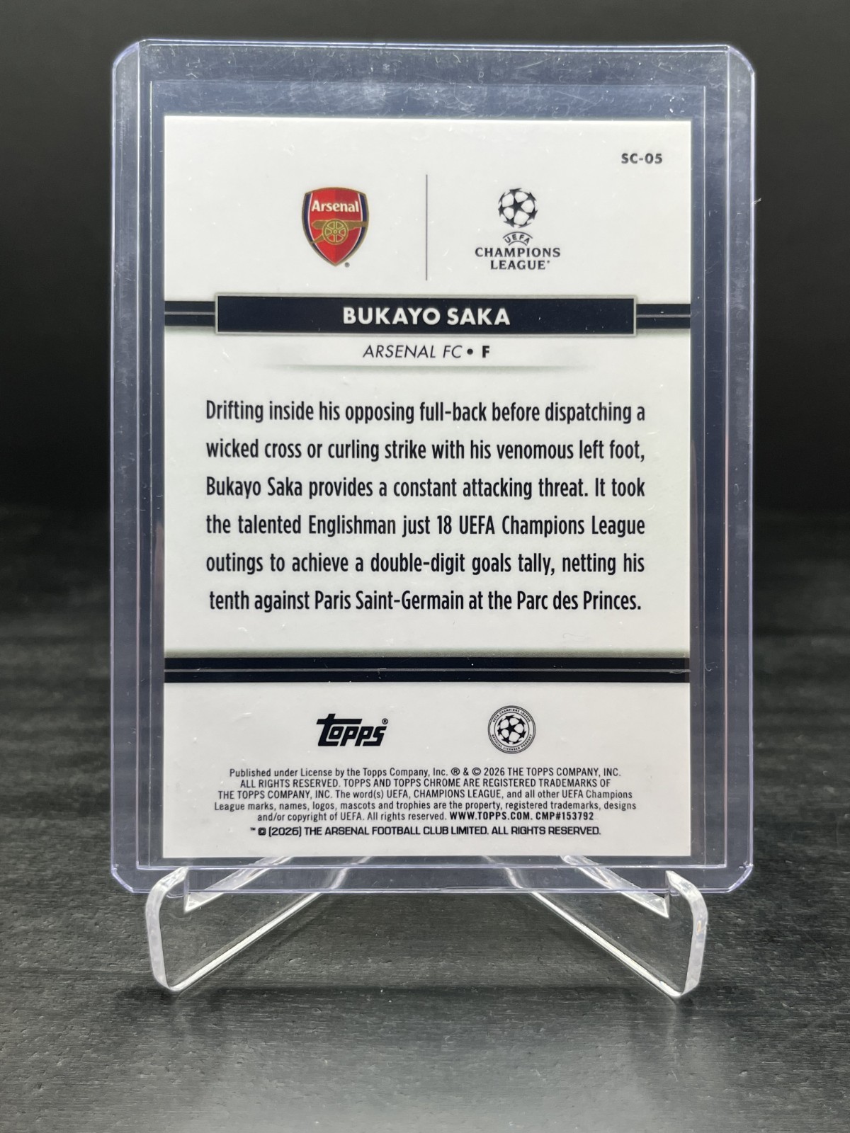 2026 Topps Chrome NSCC Bukayo Saka UEFA Black Refractor 10/10 #SC-05 Bookend view 2