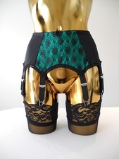 Med 14 Strap Black Green Lycra Lace Designer Burlesque Retro Suspender Belt