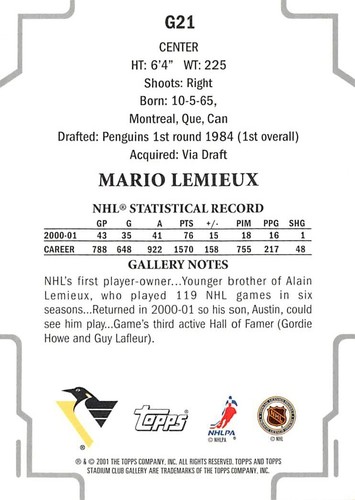 2001-02 Stadium Club Gallery #G21 Mario Lemieux - Imagen 2 de 2