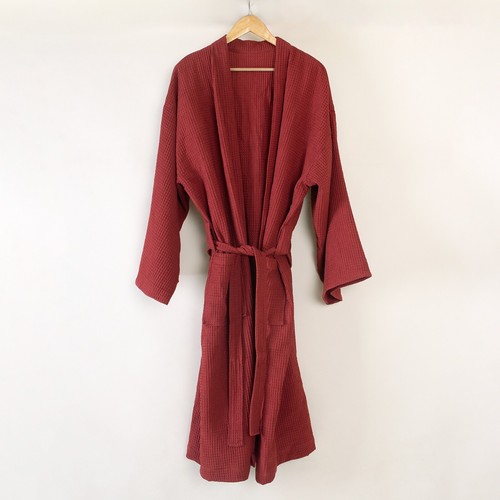Red Unisex Hotel Bathrobe Belt 100% Cotton Robe Sleepwear Waffle Nightwear - Picture 5 of 7
