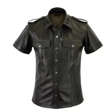 Size XL Men's Real Leather Police Shirt Gay Biker genuine leather Black shirt