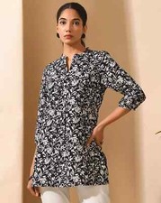 Indian Women Black Floral Cotton Printed Kurta Kurti Top Tunic Pakistani Dress