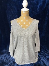 Women H Halston Sz Small black white stripe deep v cold shoulder Top $79 New NWT