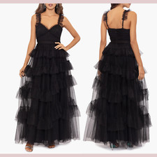 NWT 299 Betsy Adam 8 V Neck A Line Tiered Ruffle Tulle Gown Black J702