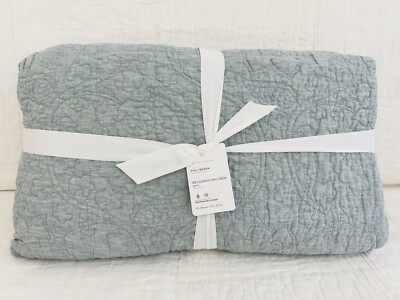 Pottery Barn Belgian Flax Linen Floral Stitch Full/Queen Quilt Mineral Blue New
