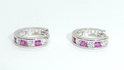Ladies Sterling 925 Solid Silver Ruby and White Sapphire Huggies Earrings