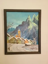 VINTAGE oil/Cavas Mountain Snowscape Village, Signed Pardo 1969