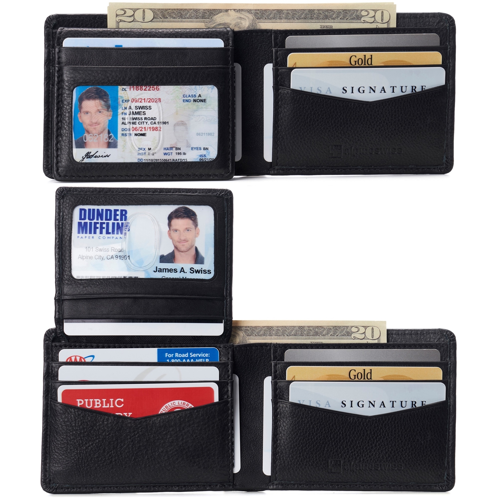 Alpine Swiss Mens Genuine Leather RFID Bifold Wallet with 2 ID Windows