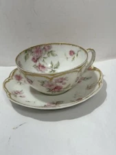 Antique Haviland Limoges Double Gold Cup & Saucer Pink Roses w/ Blue Ribbon