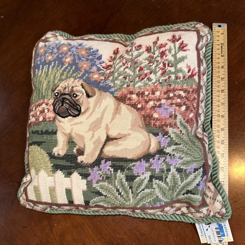 PETIT POINT Wool Needlepoint Pug Dog Pillow Garden Flowers White picket Fence - Picture 2 of 11