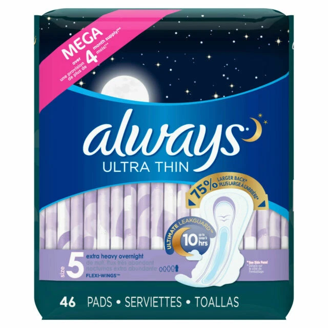 Always Ultra Thin Size 5 Extra Heavy Overnight Unscented 46 Pads 