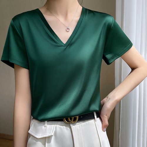 Damen lose kurzärmelige Seidenoberteile Pullover Bluse V-Ausschnitt Freizeit T-Shirt S - Bild 6 von 19