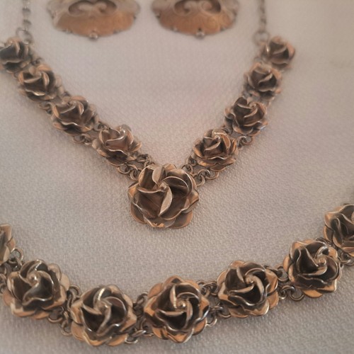 1940'S MEXICO Sterling Silver 3-D Rose Link Necklace, Bracelet, Earrings Taxco