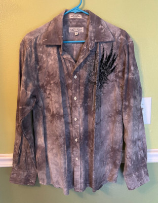 Vintage Eighty Eight Grey Dye Sword Wings Cyber Grunge Button Up Goth Y2K MEDIUM