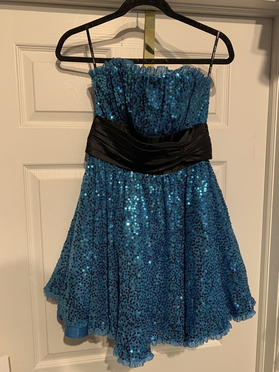 Betsey Johnson Evening Teal Sequin Dress Black Sash Strapless Adult Size 6