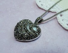 My S Collection 925 Silver, Marcasite & Mother of Pearl HeartPendant with Chain 