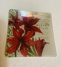 W.  FRINGE STUDIO  Art/trunket Serving Tray with Red Flowers Winter 4.5” by 4.5”