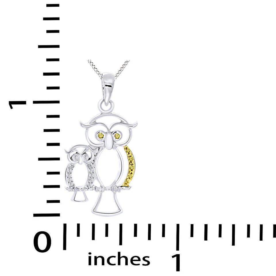 Collar Colgante Búho Amarillo y Blanco Diamante Real Chapado en Oro Blanco 14K Esterlina Foto 3 de 4