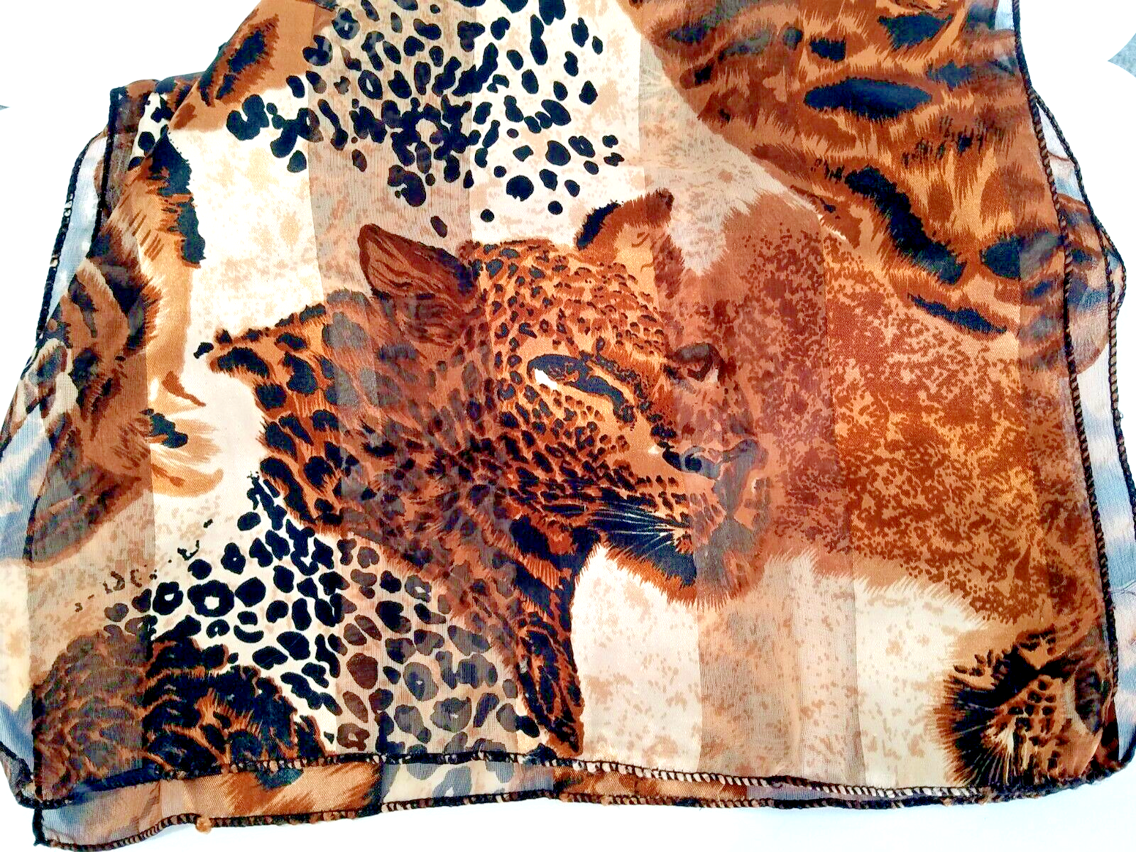 Brown Black Leopard Print Scarf 13x60 with Rolled Hems Unbranded No Tag-image
