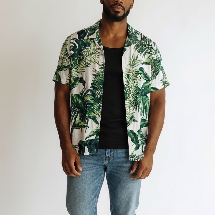 HM Mens Tropical Palm Leaf Print Viscose Short Sleeve Camp Shirt White Green L-image