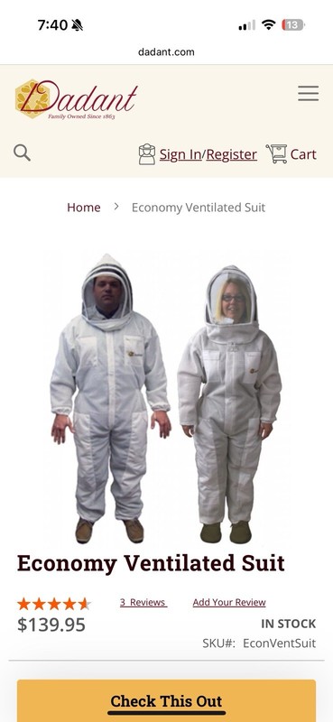 Dadant Economy Ventilated Suit Protective Coveralls MPN EconVentSuit