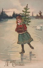 Antique Christmas Girl Skating Germany Winter 1910s - Photo Postcard