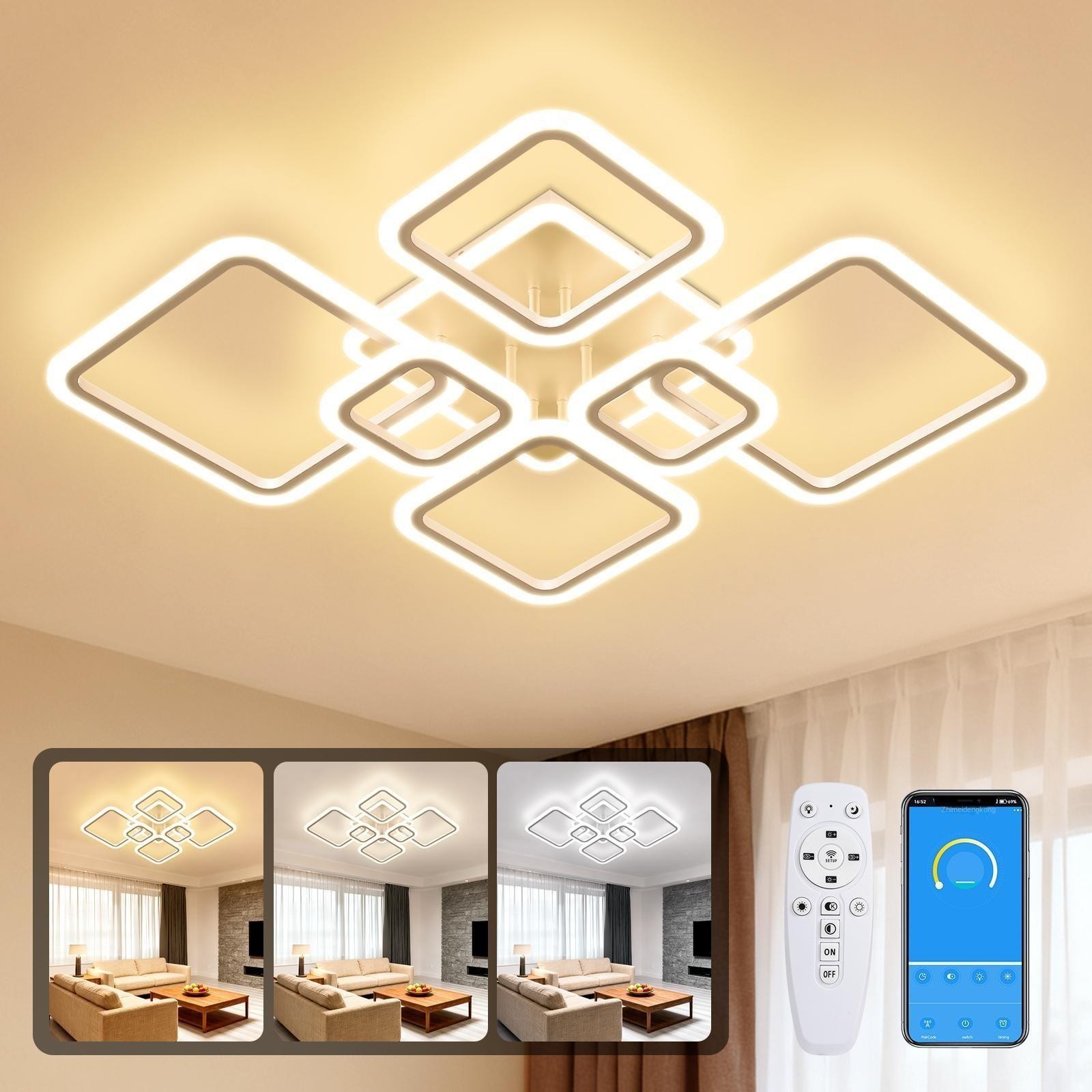 LED Ceiling Light Dimmable Square Chandeliers 148W Remote Control Living Room