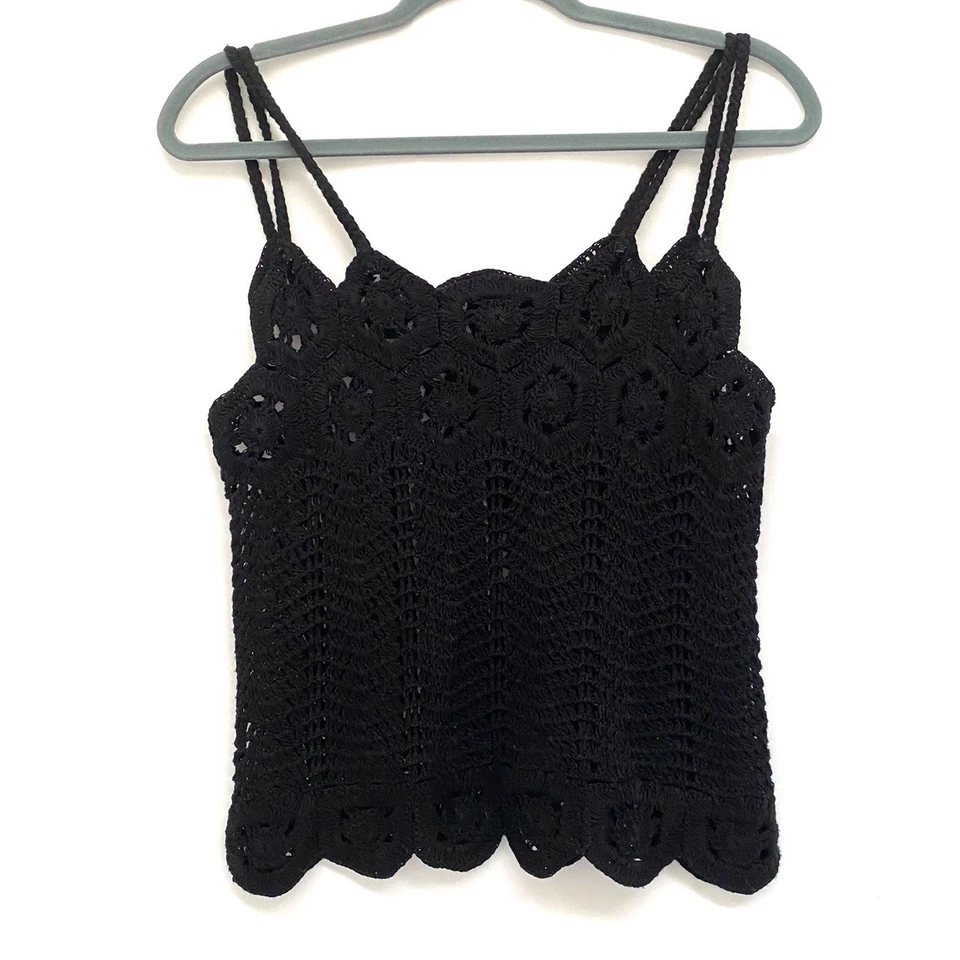 Camiseta sin mangas para mujer boho hippie crochet cami talla S negra caprichosa retro grunge Foto 2 de 4