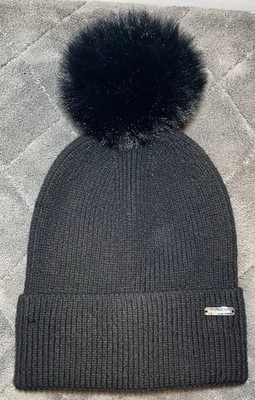 Steve Madden Women's Ribbed Furry Pom Pom Black Beanie One Size Fits All