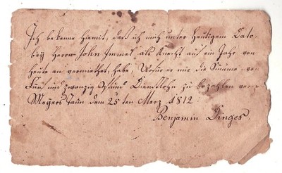 Orig. 1812 Hand Written Note - Lebanon, PA , Benjamin Dinger - in German
