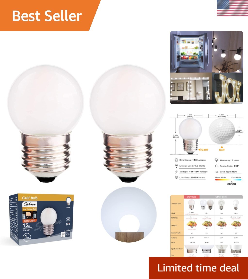Elegant G40 Frosted LED Bulbs, 1.5W 15W Equivalent, 6000K White Light, Set of 2