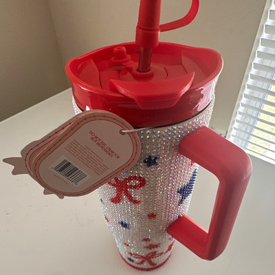 40 oz Patriotic Stars Rhinestone Glitter Tumbler w/Handle Lid Straw