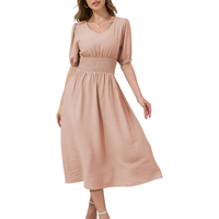 Damen Midi-Kleid Sommer Leichtes Glockenschnitt FließEnd Elegant Rosa M