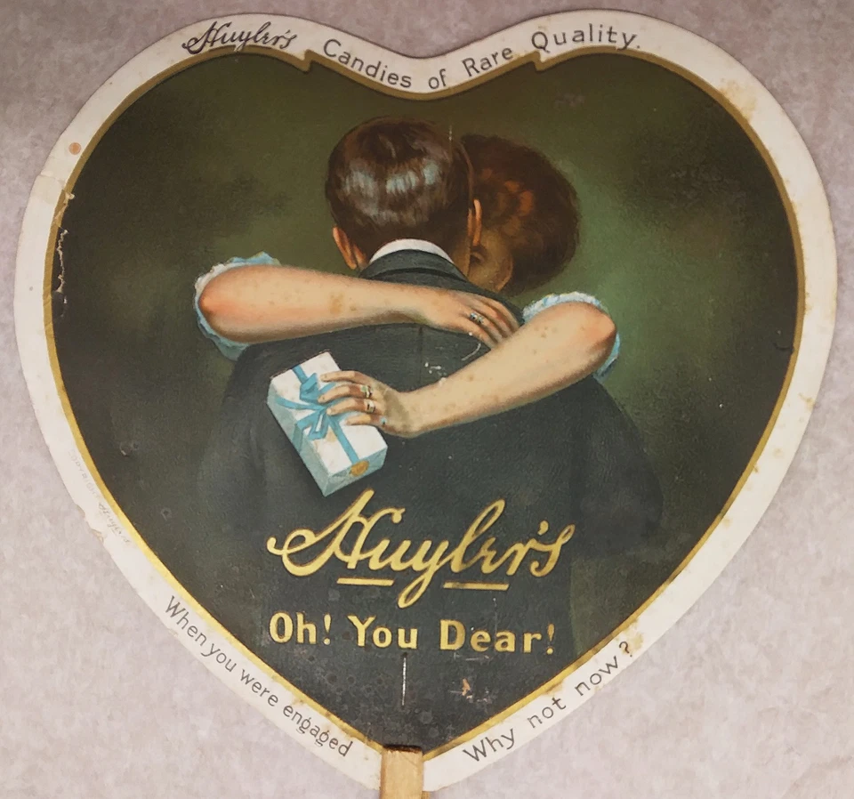 Ventilador de mano publicitario 1910 para Huyler's Candy - troquelado - cromolitografía Foto 2 de 4