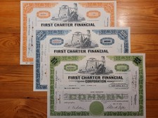 US: 3 x First Charter Financial Corp. div. + 100+ 1000 sh., 1964, 1967, 1976 *