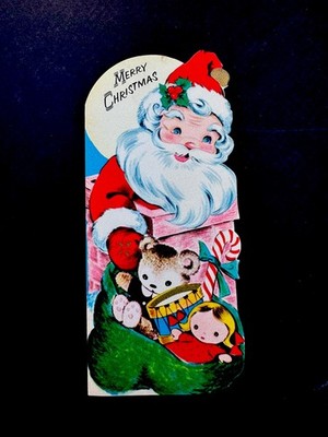 1 VTG Xmas Greeting Die-Cut Card Sweetest Santa Dropping down Chimney W/ Bag