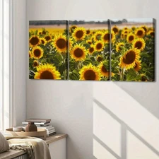 3pcs Wooden Framed Canvas Wall Art - Vibrant Sunflower Landscape Triptych, Moder