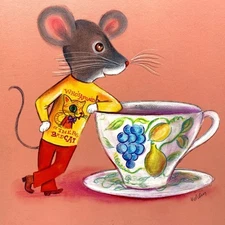 MOUSE AT TEA Rosalind Welcher signed original art c1960s-70s Panda Prints Inc