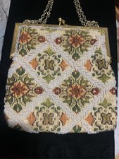 Floral Tapestry Evening Bag Beaded Kiss Lock Gold Tone Chain Purse