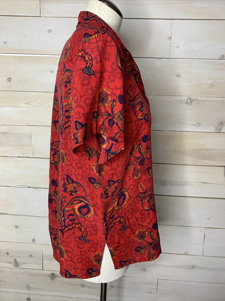 Винтажный 100% шелк рубашка на пуговицах гавайский красный цветочный sz 4P - Изображение 4 из 4