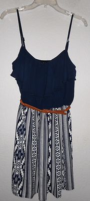 A Buyer Belted DRESS Junior M Sleeveless Spaghetti Straps Ladies Navy, White EUC